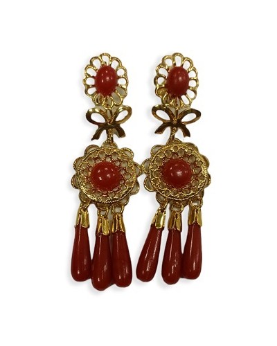 Pendientes calabaza coral triple con dorado  económicos